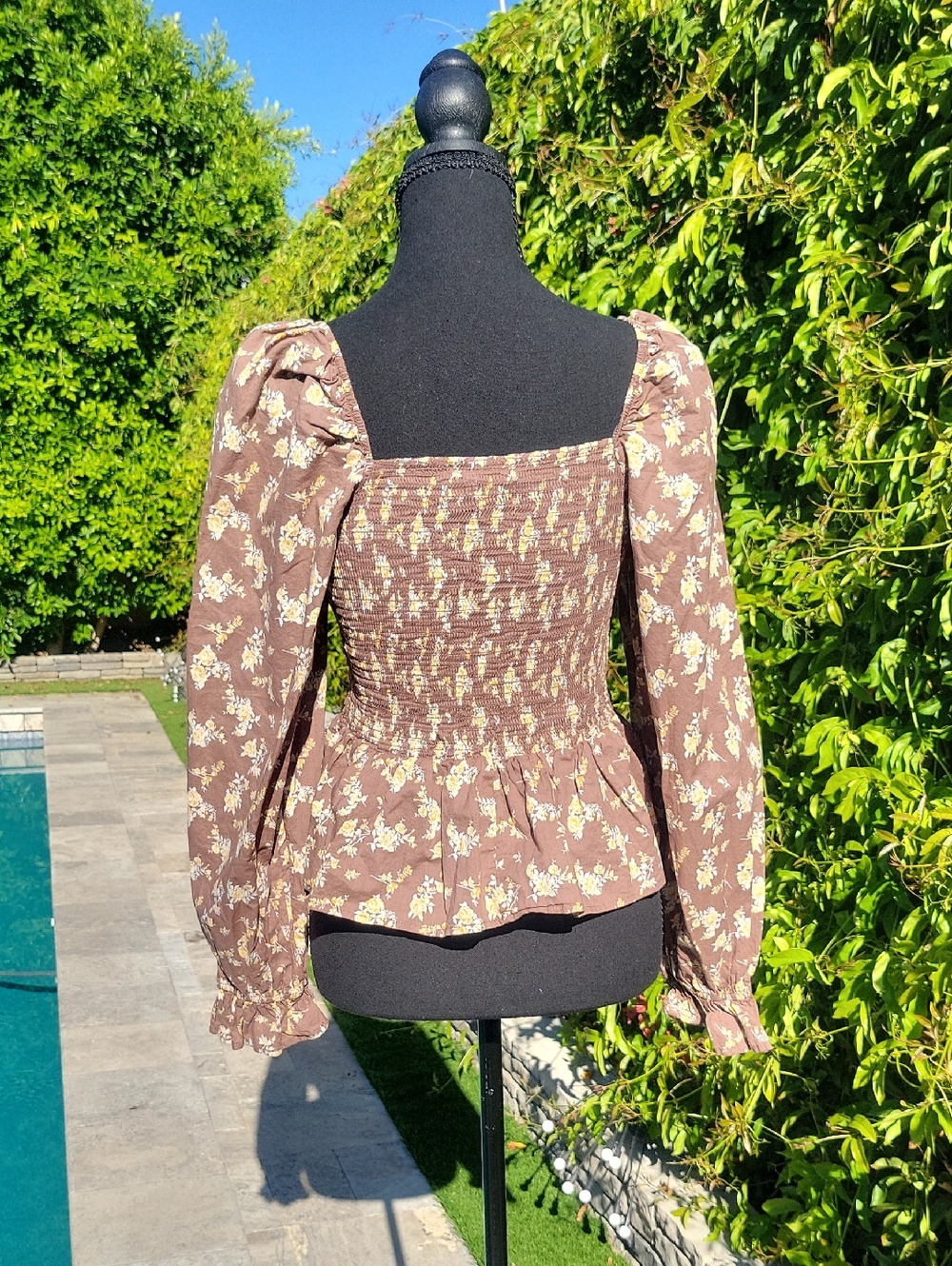 Brown Floral 100% Cotton Puff Sleeve Stretchy Boho Blouse L - Picture 6 of 14